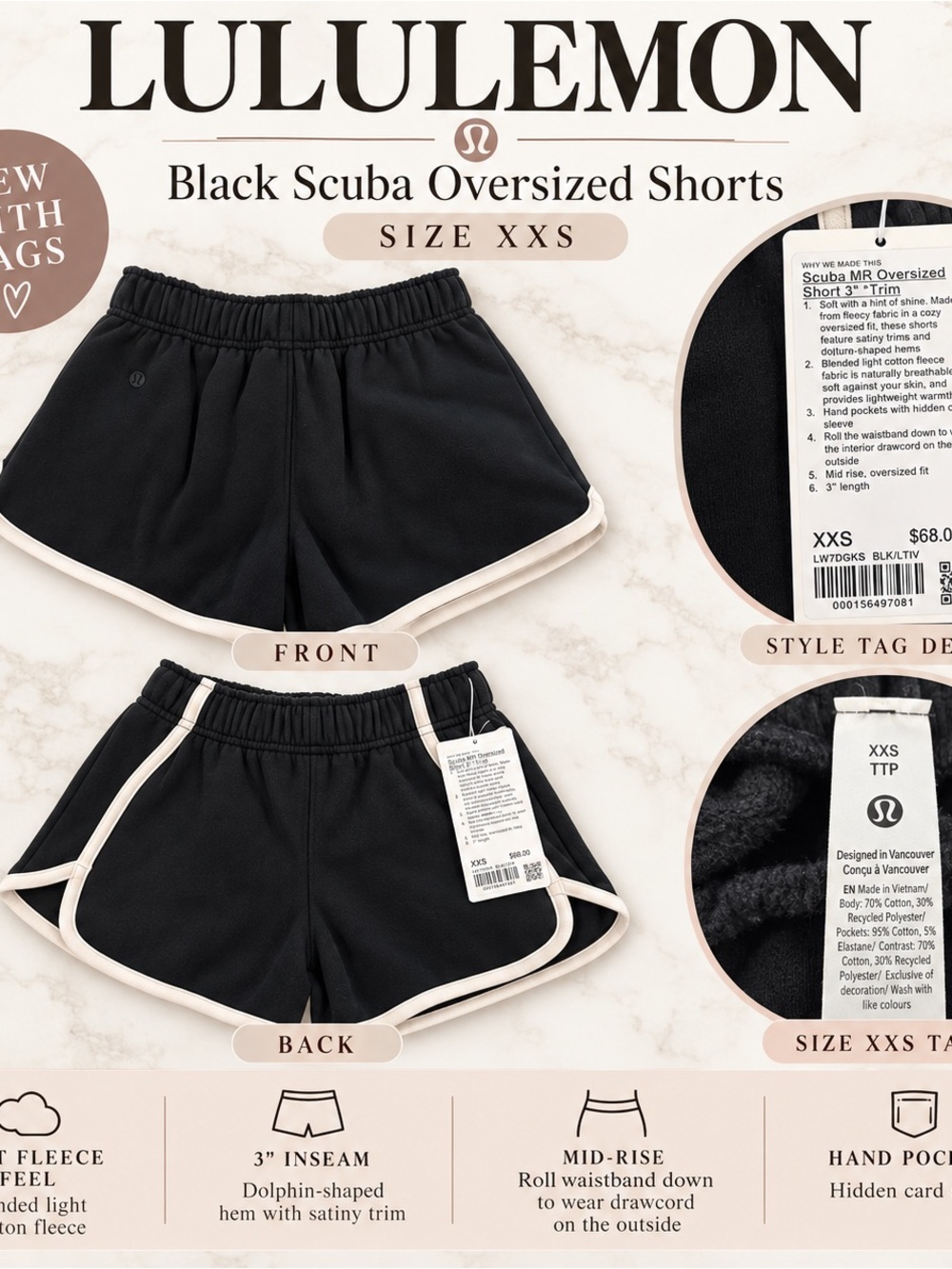 lululemon athletica Black Shorts with Cream Trim